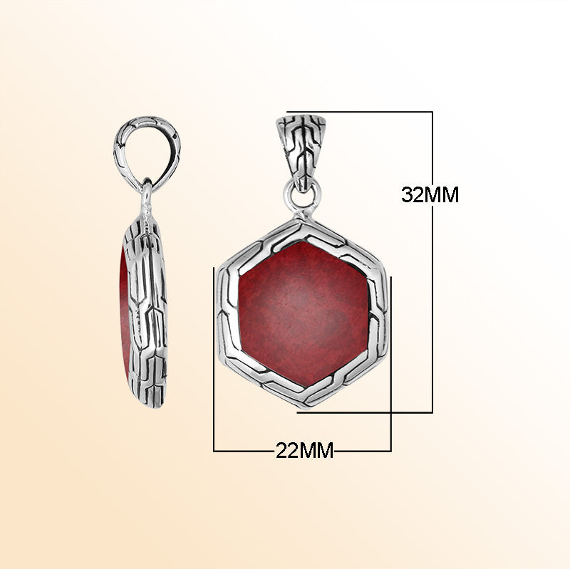 Handcrafted Sterling Silver Red Coral Hexagon Pendant With Polished Silver Frame.