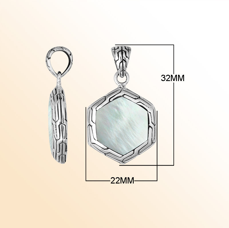 Handcrafted Sterling Silver Mother Of Pearl Hexagon Pendant With Polished Silver Frame.