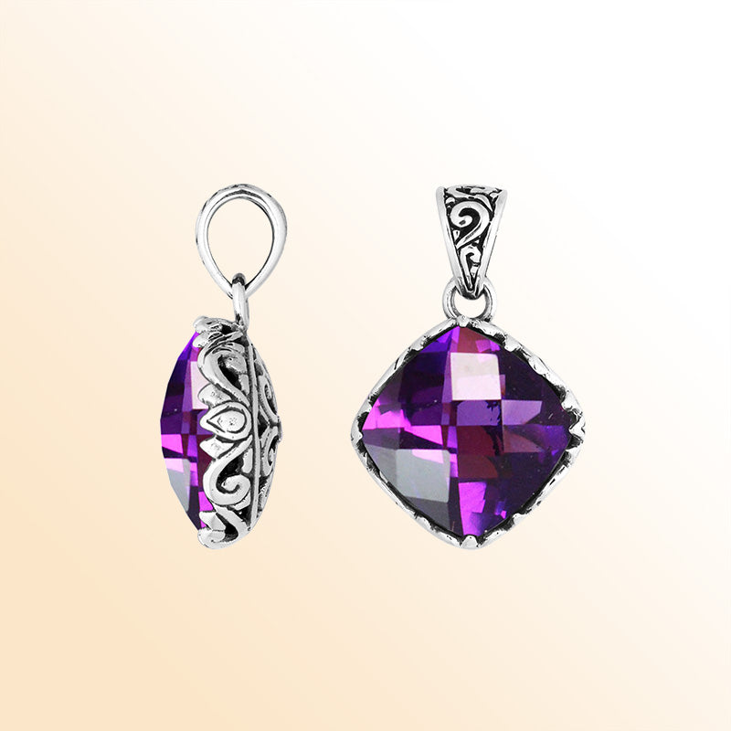 Handcrafted Sterling Silver Amethyst Quartz Cushion Pendant With Balinese Filigree Design.