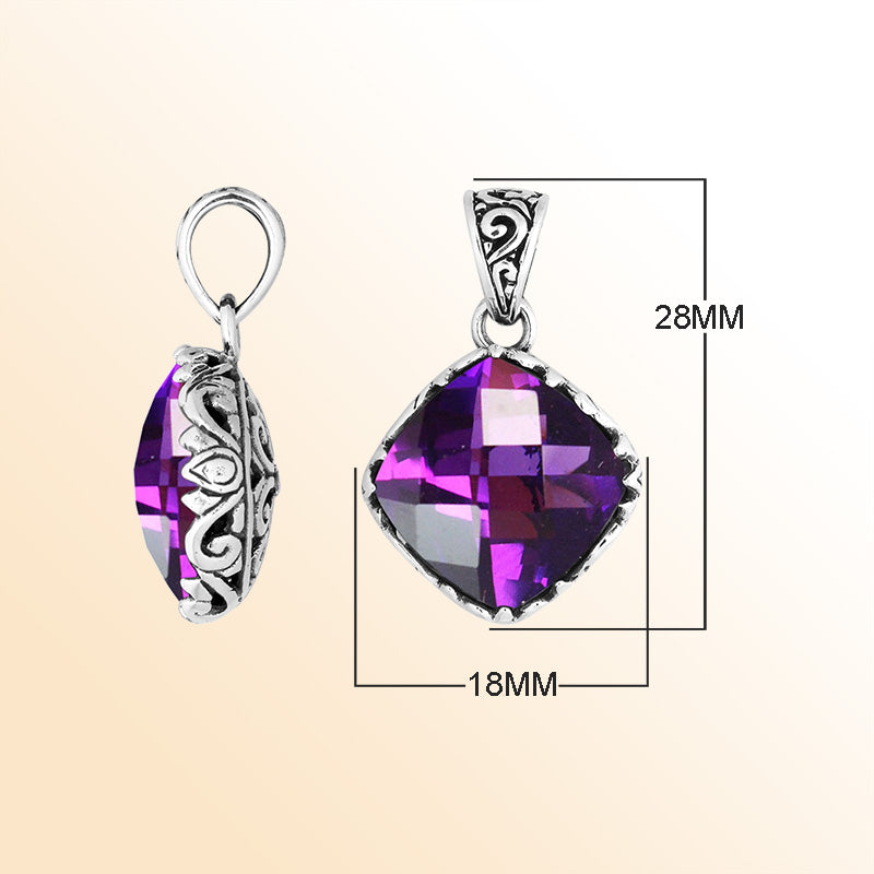 Handcrafted Sterling Silver Amethyst Quartz Cushion Pendant With Balinese Filigree Design.