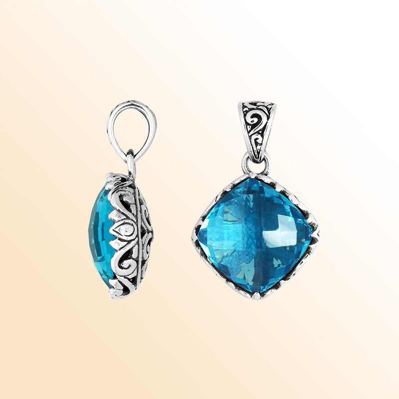 Handcrafted Sterling Silver London Blue Topaz Quartz Cushion Pendant With Balinese Filigree Design.