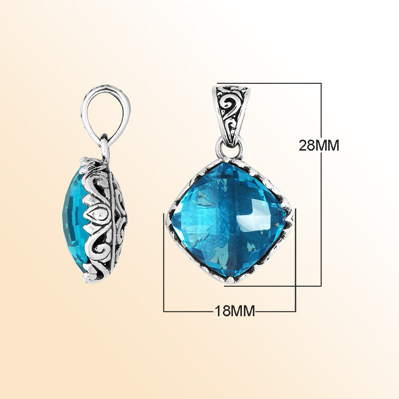 Handcrafted Sterling Silver Blue Topaz Quartz Cushion Pendant With Balinese Filigree Design.