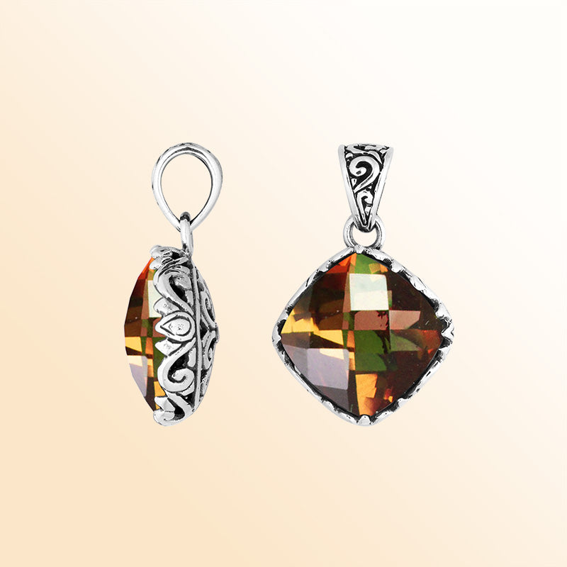 Handcrafted Sterling Silver Citrine Quartz Cushion Pendant With Balinese Filigree Design.