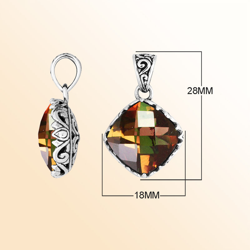 Handcrafted Sterling Silver Citrine Quartz Cushion Pendant With Balinese Filigree Design.