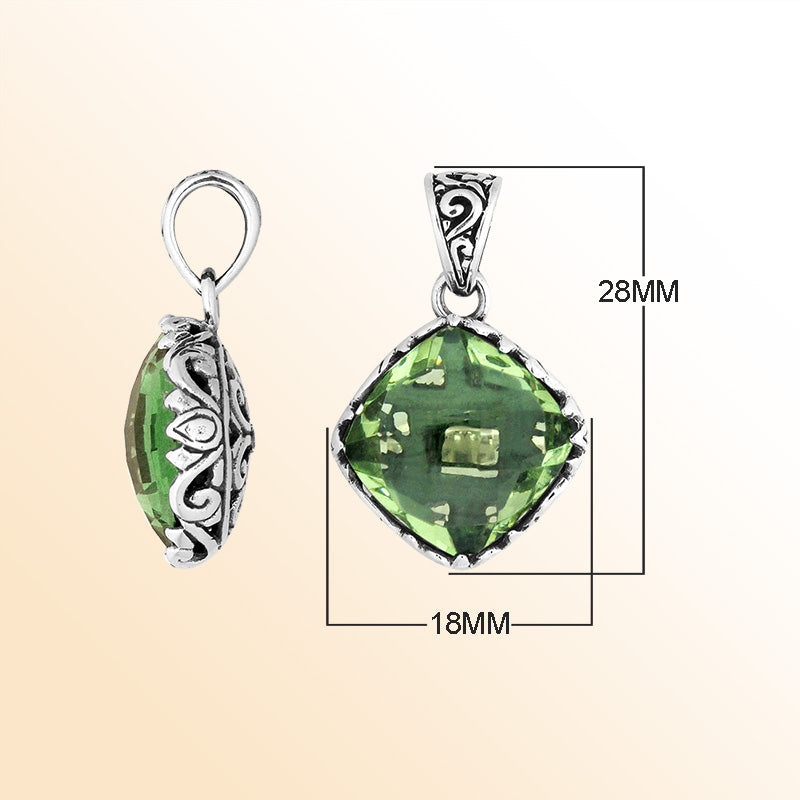 Handcrafted Sterling Silver Green Amethyst Quartz Cushion Pendant With Balinese Filigree Design.