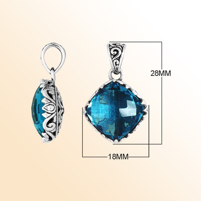 Handcrafted Sterling Silver London Blue Topaz Quartz Cushion Pendant With Balinese Filigree Design.