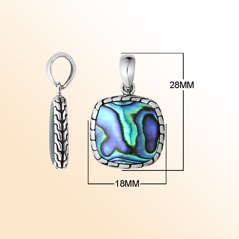 Handcrafted Sterling Silver Abalone Shell Cushion Pendant With Balinese Frame Design.