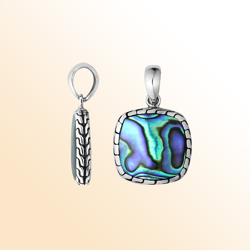 Handcrafted Sterling Silver Abalone Shell Cushion Pendant With Balinese Frame Design.