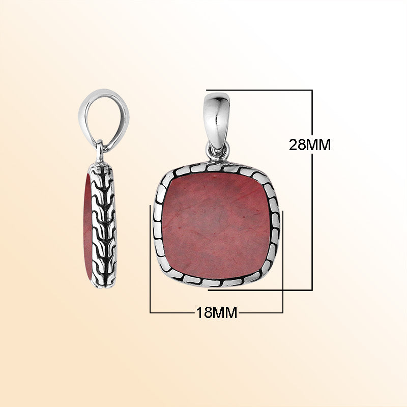 Handcrafted Sterling Silver Red Coral Cushion Pendant With Balinese Frame Design.