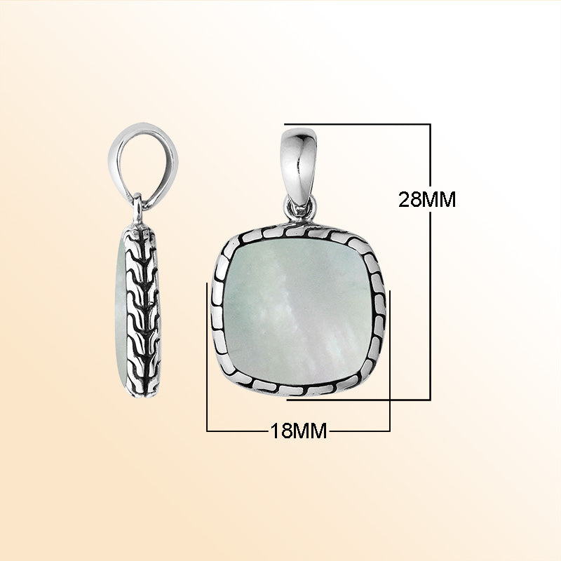 Handcrafted Sterling Silver Mother Of Pearl Cushion Pendant With Balinese Frame Design.