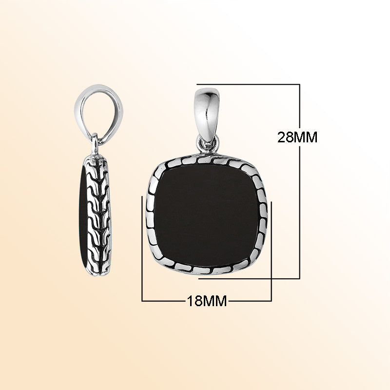 Handcrafted Sterling Silver Black Shell Cushion Pendant With Balinese Frame Design.