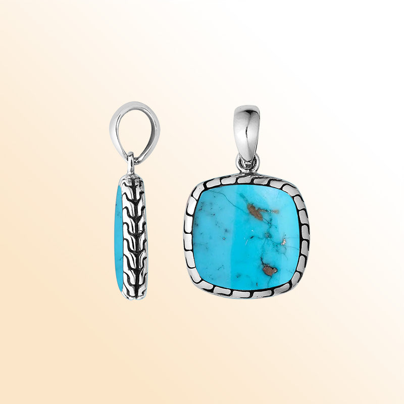 Handcrafted Sterling Silver Turquoise Shell Cushion Pendant With Balinese Frame Design.