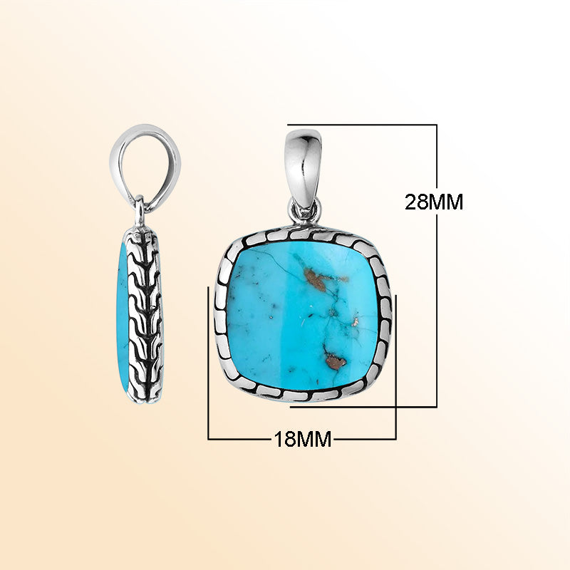 Handcrafted Sterling Silver Turquoise Shell Cushion Pendant With Balinese Frame Design.