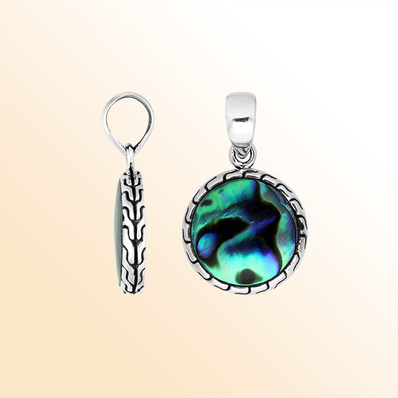 Handcrafted Sterling Silver Abalone Shell Round Pendant With Balinese Frame Design.