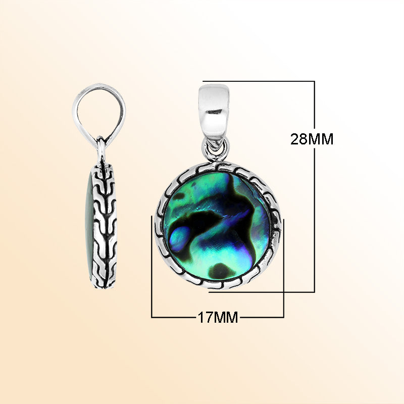 Handcrafted Sterling Silver Abalone Shell Round Pendant With Balinese Frame Design.