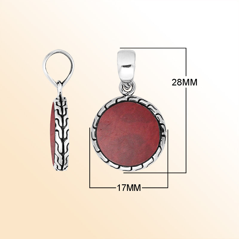 Handcrafted Sterling Silver Red Coral Round Pendant With Balinese Frame Design.