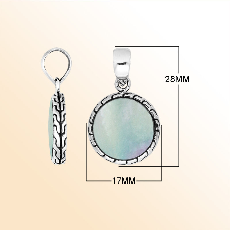 Sterling silver halo pendant with mother of pearl center and Balinese pattern handcrafted in Bali.