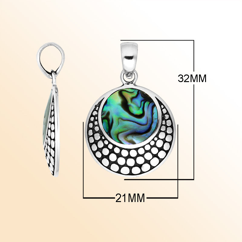 Sterling silver abalone shell round pendant with dotted Balinese frame handcrafted in Bali.