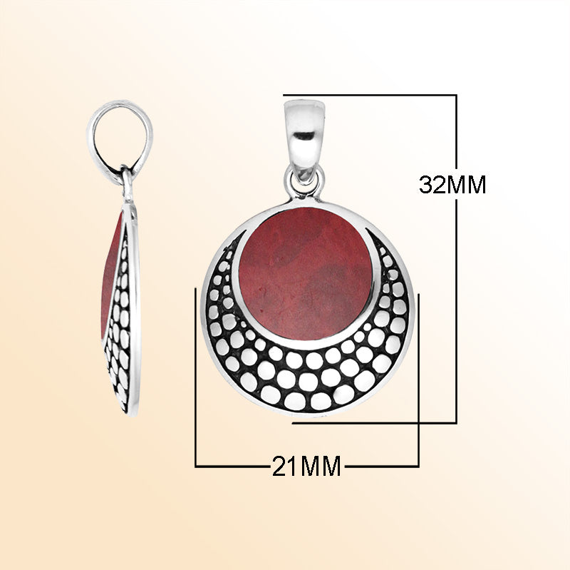 Sterling silver round pendant with red coral and Balinese dotted frame handcrafted in Bali.