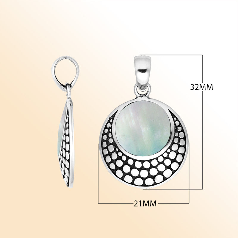 Sterling silver mother of pearl pendant with dotted Balinese frame handcrafted in Bali.