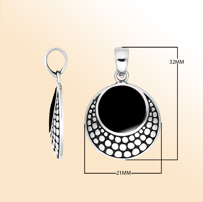 Handcrafted Sterling Silver Black Shell Round Pendant From Bali With Cut-Out Oxidized Design