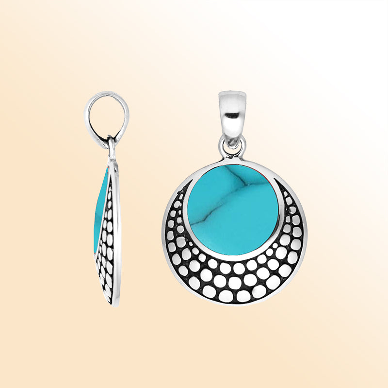 Handcrafted Sterling Silver  Turquoise  Shell Round Pendant From Bali With Cut-Out Oxidized Design