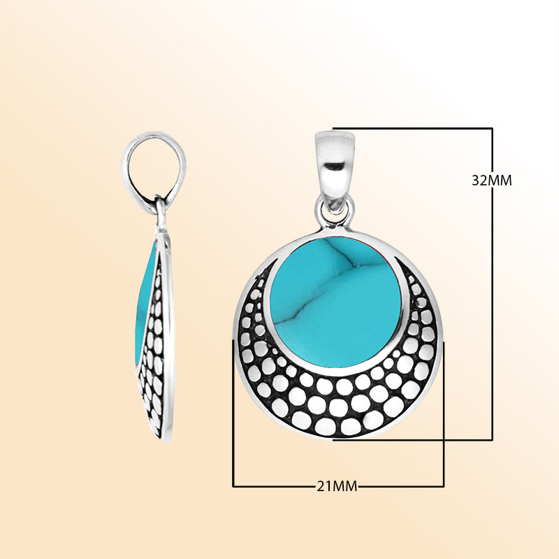 Handcrafted Sterling Silver  Turquoise  Shell Round Pendant From Bali With Cut-Out Oxidized Design