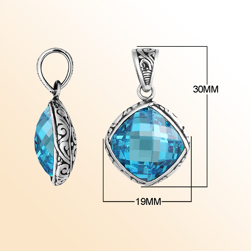 Sterling silver blue topaz quartz cushion pendant with ornate Balinese frame handcrafted in Bali.