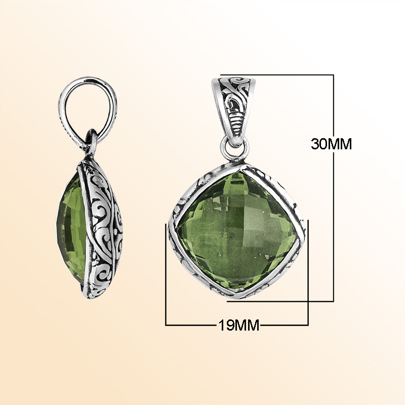 Sterling silver green amethyst quartz pendant with ornate Balinese frame handcrafted in Bali.