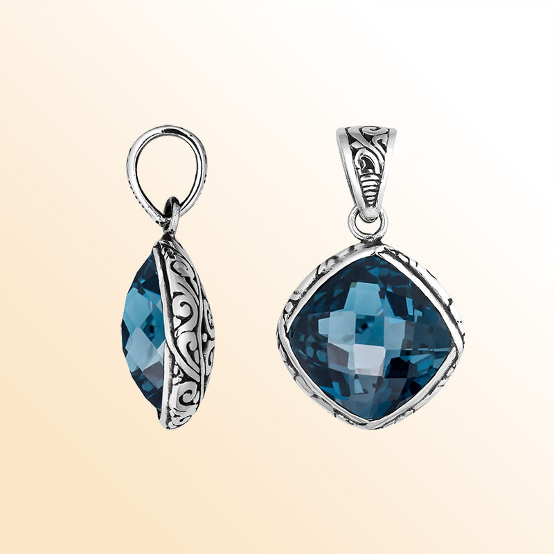 Sterling silver London blue topaz quartz pendant with ornate Balinese frame handcrafted in Bali.