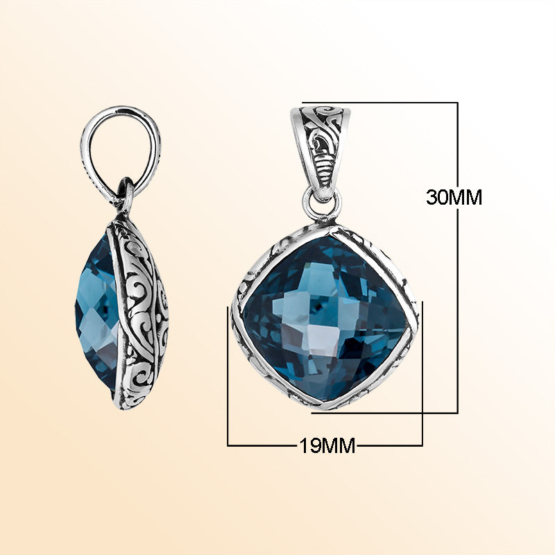 Sterling silver London blue topaz quartz pendant with ornate Balinese frame handcrafted in Bali.