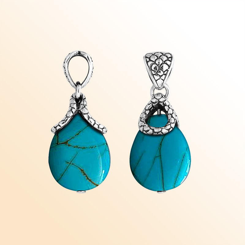 Artistic Turquoise Shell Sterling Silver Drop Pendant With Snake Pattern Bail