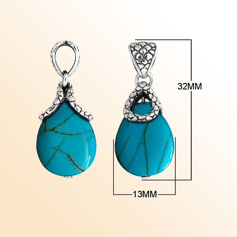 Artistic Turquoise Shell Sterling Silver Drop Pendant With Snake Pattern Bail