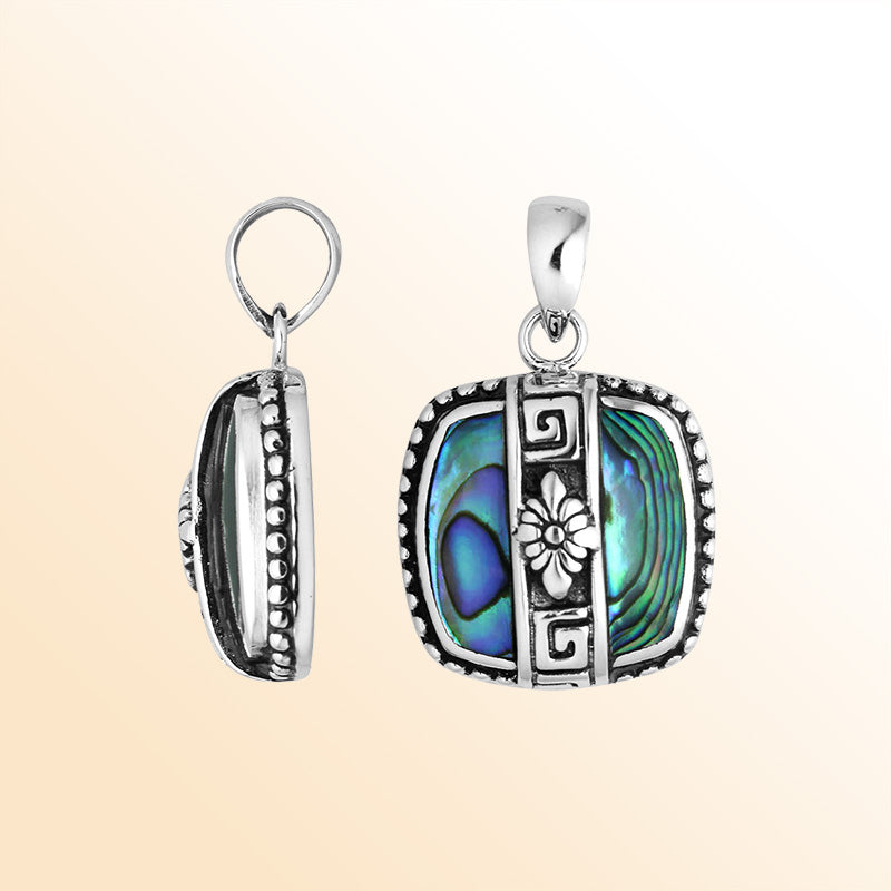 Artistic Abalone Shell Sterling Silver Square Pendant With Floral Detailing