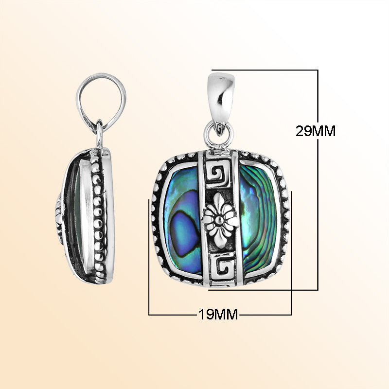 Artistic Abalone Shell Sterling Silver Square Pendant With Floral Detailing