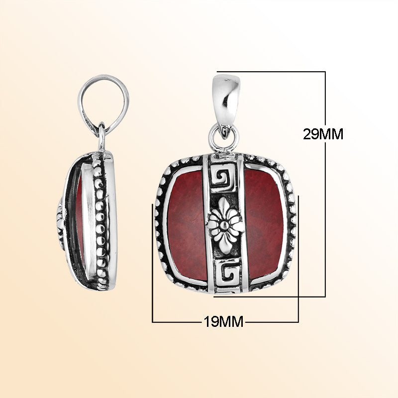 Elegant Sterling Silver Red Coral Pendant handcrafted in a square shape with Balinese floral detailing, mirror-polished surface, and exquisite artistic design for women’s fine jewelry collections.