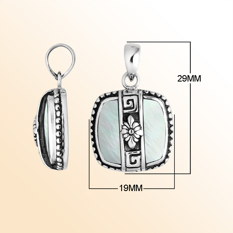 Elegant Sterling Silver Mother Of Pearl square pendant handcrafted with Balinese floral detailing, mirror-polished finish, and radiant white sheen for women’s fine jewelry collections.