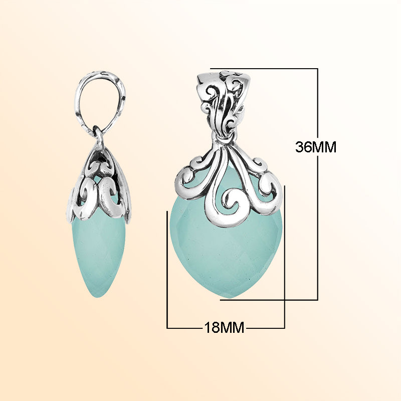 Elegant Sterling Silver Green Chalcedony Quartz marquise pendant handcrafted with swirl filigree detailing, mirror-polished surface, and soft green radiance for women’s artistic silver jewelry collections.
