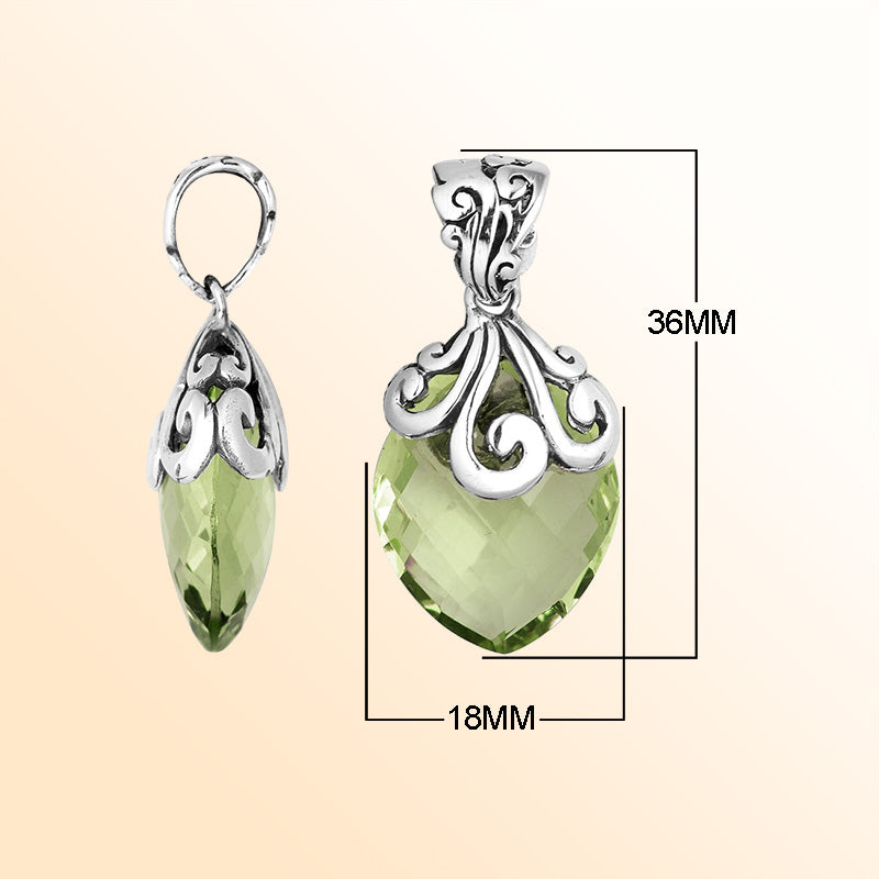 Elegant Sterling Silver Green Amethyst Quartz marquise pendant featuring swirl filigree detailing, mirror-polished finish, and soft green glow for women’s artistic jewelry collections.