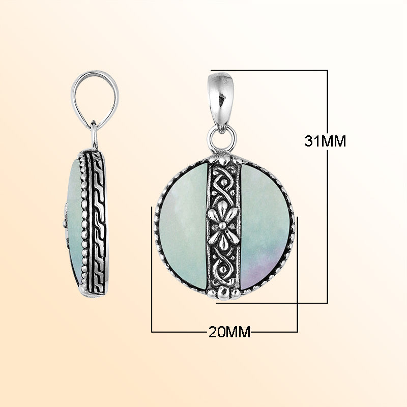 Elegant Sterling Silver Mother Of Pearl round pendant with floral center design, handcrafted mirror-polished finish, and iridescent luster for women’s artistic jewelry collections.