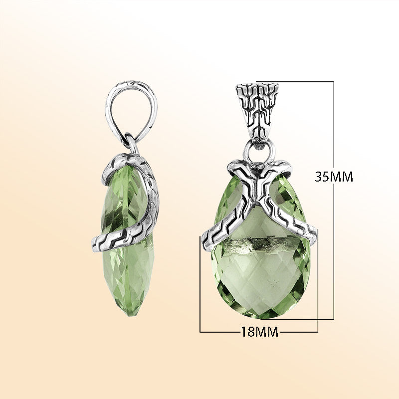 Elegant Sterling Silver Green Amethyst Quartz pear pendant featuring textured bail design, handcrafted mirror-polished finish, and soft green tone for women’s artistic jewelry collections.