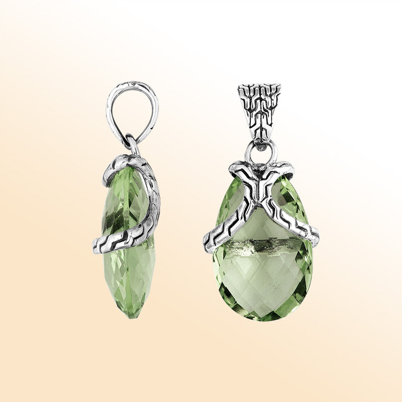 Elegant Sterling Silver Green Amethyst Quartz pear pendant featuring textured bail design, handcrafted mirror-polished finish, and soft green tone for women’s artistic jewelry collections.