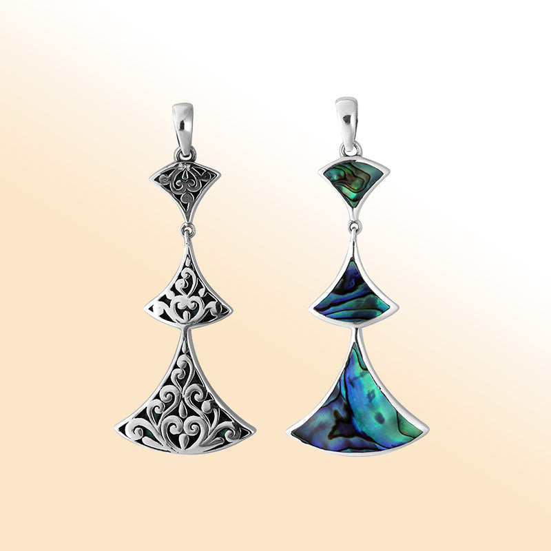 Elegant Sterling Silver Abalone Shell multi-tier triangle pendant featuring ornate scroll design, handcrafted mirror-polished finish, and colorful iridescent tones for women’s artistic jewelry.