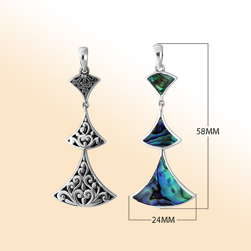 Elegant Sterling Silver Abalone Shell multi-tier triangle pendant featuring ornate scroll design, handcrafted mirror-polished finish, and colorful iridescent tones for women’s artistic jewelry.