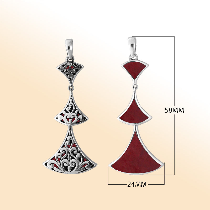 Elegant Sterling Silver Red Coral multi-tier triangle pendant with ornate scroll design, handcrafted mirror-polished finish, and rich red tone for women’s artistic jewelry.