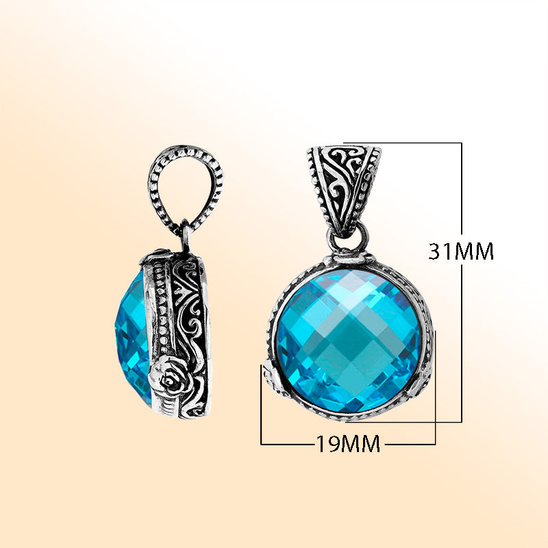 A radiant 925 sterling silver pendant featuring a round faceted Blue Topaz Quartz stone with modern Balinese artistry and fine handcrafted metal detailing.