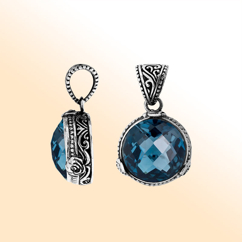 Elegant Sterling Silver London Blue Topaz Quartz Round Pendant With Artistic Balinese Detailing And Polished Finish