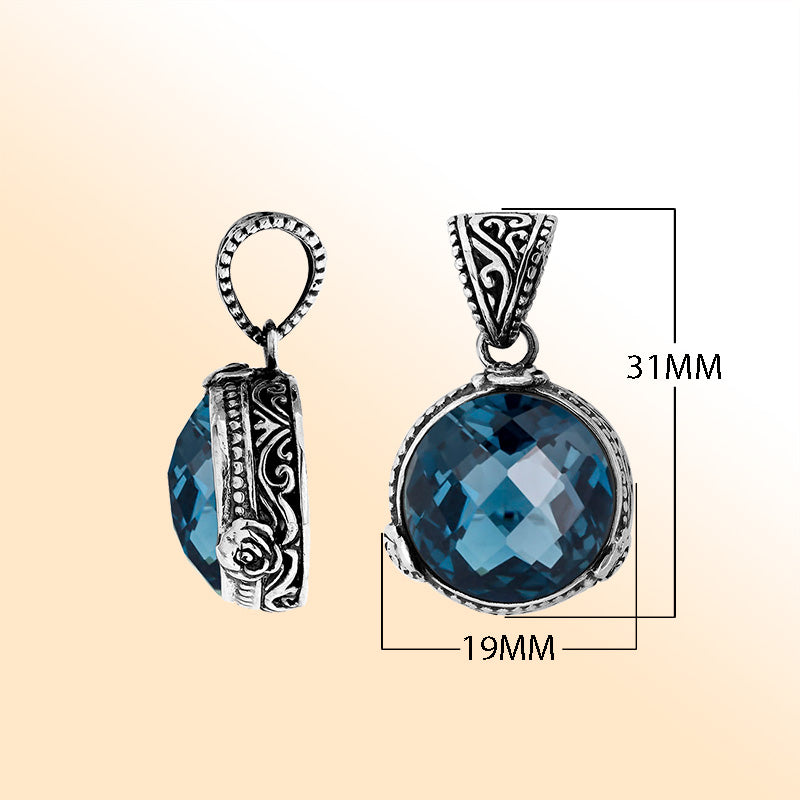 Elegant Sterling Silver London Blue Topaz Quartz Round Pendant With Artistic Balinese Detailing And Polished Finish