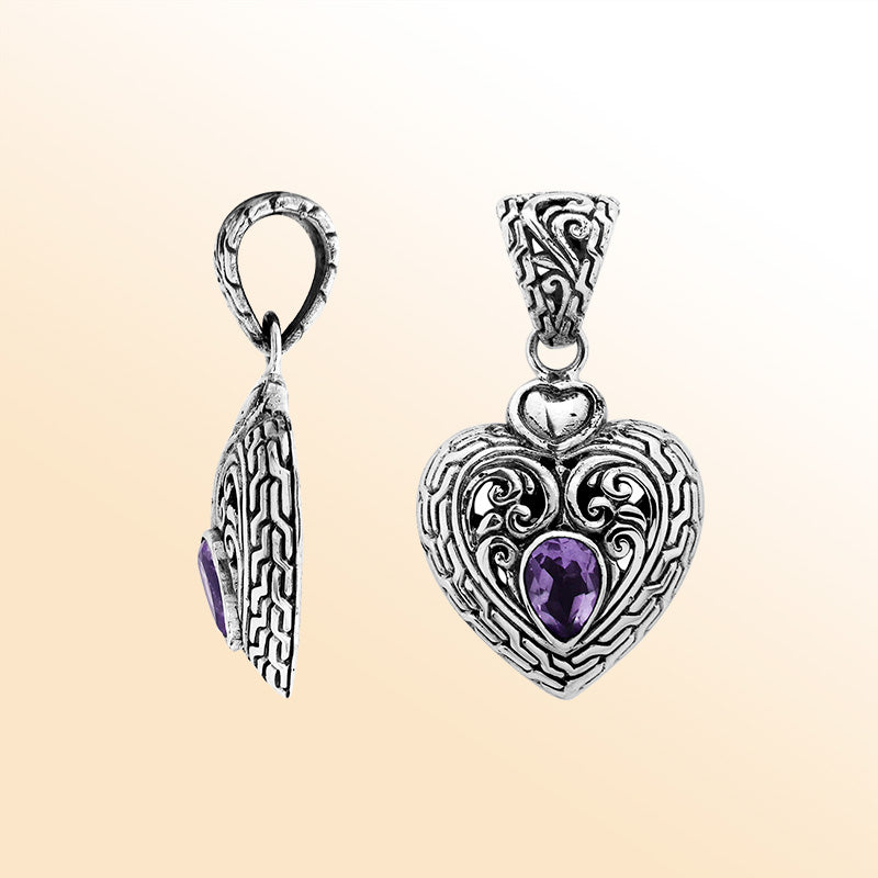 Elegant Sterling Silver Amethyst Quartz Heart Pendant With Artistic Balinese Scrollwork And Polished Silver Finish