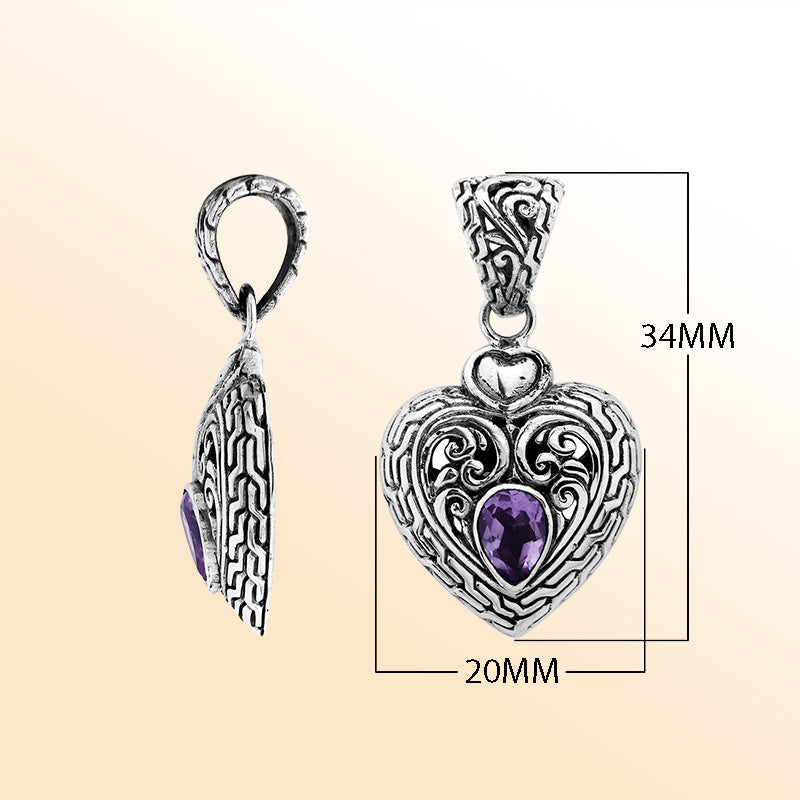 Elegant Sterling Silver Amethyst Quartz Heart Pendant With Artistic Balinese Scrollwork And Polished Silver Finish